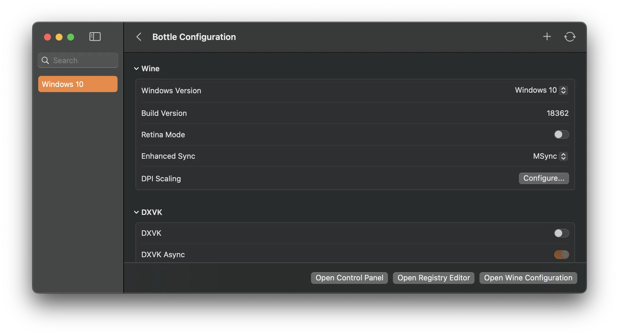 Configuración de Botella
